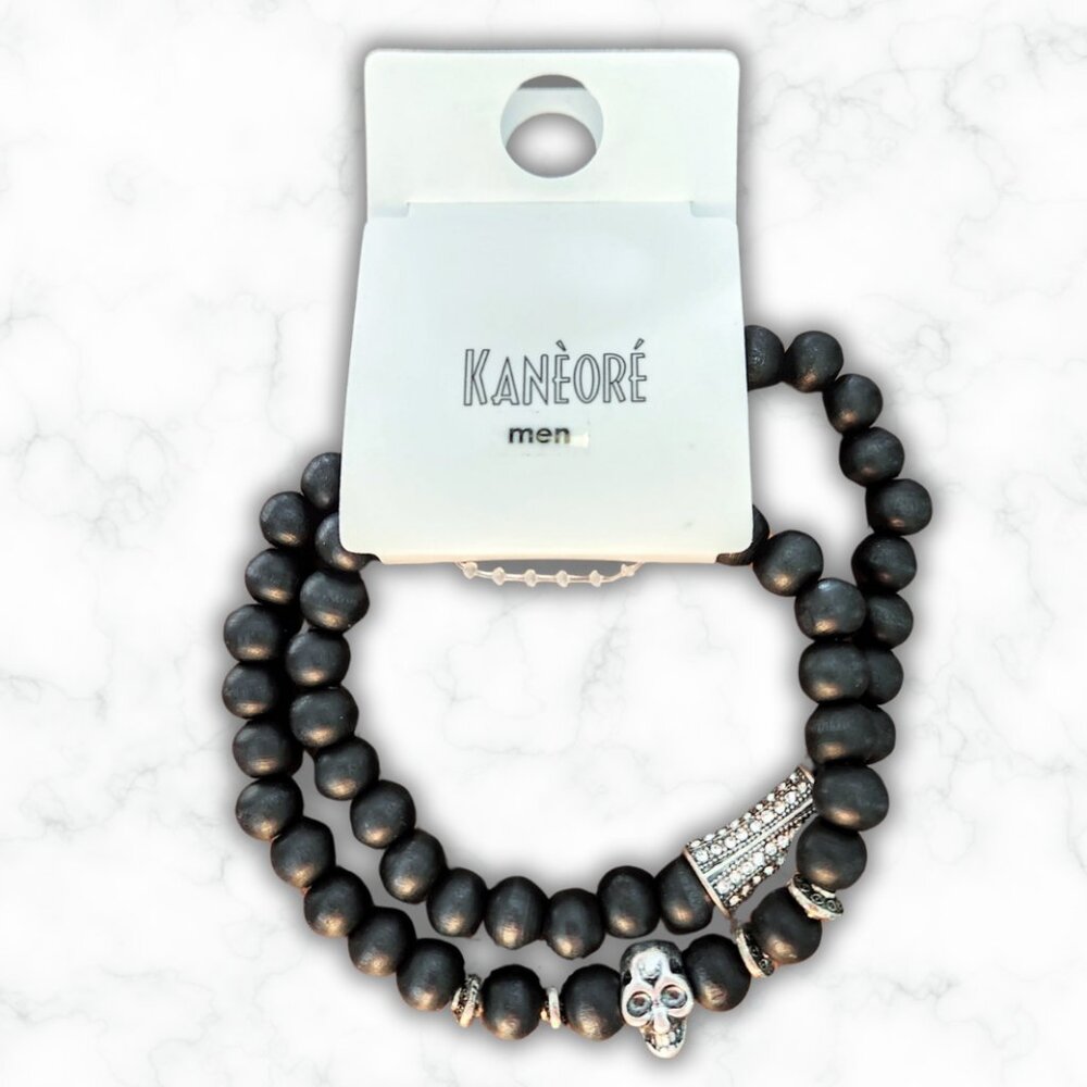 NWT Kanèoré Men's Set of 2 Wood Beaded Bracelets with Silver Skull Bead Accents